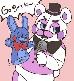 anthro bow_(feature) bow_tie clothing group hat headgear headwear machine male puppet simple_background torakuro_kumezu five_nights_at_freddy's scottgames sister_location funtime_freddy_(fnafsl) puppet_bonnie_(fnafsl) animatronic bear lagomorph leporid mammal rabbit robot 2018 digital_media_(artwork)
