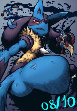 black_body blue_body chibi ink male red_eyes solo jwbash nintendo pokemon generation_4_pokemon generation_6_pokemon lucario mega_evolution mega_lucario pokemon_(species) riolu absurd_res hatching_(art) hi_res shaded