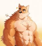 2019 abs anthro biceps big_muscles blue_eyes canid canine canis chest_tuft countershading crotch_tuft domestic_dog featureless_chest fur hi_res male mammal muscular muscular_anthro muscular_male otake pecs solo standing takemoto_arashi tan_body tan_fur tuft