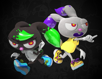 ambiguous_gender anthro black_body bottomless buckteeth clothed clothing duo paint red_eyes teeth text white_body violetv0ids nintendo splatoon beta_inkling lagomorph leporid mammal rabbit 3d_(artwork) digital_media_(artwork) hi_res japanese_text