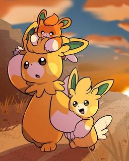 ambiguous_gender anthro black_nose blush blush_lines bodily_fluids cheek_spots cloud cloudy_sky evolutionary_family fur grass green_inner_ear group head_tuft neck_tuft orange_body orange_ears orange_fur plant sky sunset sweat sweatdrop tail trio tuft walking white_body white_fur white_tail yellow_cheeks letaslettuce nintendo pokemon generation_9_pokemon pawmi pawmo pawmot pokemon_(species) 2025 4:5 hi_res