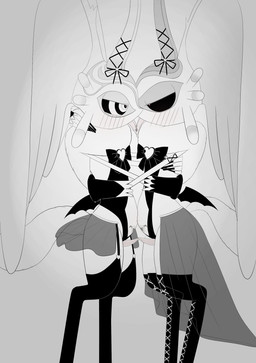 anthro antlers belly belly_frottage biped black_sclera bodily_fluids chest_tuft clothed clothing crossdressing crossdressing_male digitigrade duo erection eye_contact femboy fingernails fluffy fluffy_tail french_kissing genitals head_wings heart_pupils heart_symbol horn hug huge_wings hugging_another kissing looking_at_another male male/male multicolored_eyes nails neck_tuft penis pregnant pregnant_male pupils saliva saliva_on_tongue saliva_string side_view simple_background tail tapering_penis tips_touching tongue tongue_out tuft unusual_wing_placement white_background wings womb_tattoo ahab_null kirby_(series) nintendo chaos_elfilis fecto_elfilis alien chinchillid mammal rodent starling_(kirby) 2022 absurd_res digital_drawing_(artwork) digital_media_(artwork) greyscale hi_res japanese_description monochrome