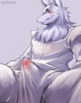 anthro bodily_fluids clothed clothing erection erection_under_clothing genital_fluids genitals looking_at_viewer male penis precum precum_through_clothing simple_background smile solo wet wet_clothing nurinaki gingitsune gintaro canid canine fox mammal