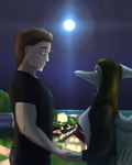 anthro biped black_clothing black_jacket black_shirt black_topwear bone_frill breasts brown_eyes brown_hair building clothed clothed_anthro clothed_female clothed_human clothed_male clothing duo eye_contact feathered_wings feathers female frill_(anatomy) green_eyes grey_body grey_feathers grey_scales hair hand_holding happy house human_on_anthro interspecies jacket long_hair looking_at_another male medium_breasts moon muscular muscular_human muscular_male night open_clothing open_jacket open_topwear outside palm_tree plant romantic romantic_couple scales shirt short_hair side_view smile star topwear tree water white_clothing white_shirt white_topwear wings synthawk cavemanon_studios snoot_game daniel_(swanfather) fan_character june_(swanfather) human mammal prehistoric_species pterodactylus pterosaur reptile scalie 4:5 absurd_res colored hi_res
