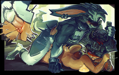 anthro armor balls big_ears black_body black_fur bodily_fluids breasts brown_body brown_fur butt chain chain_leash collar cosplay dominant dominant_female duo ejaculation female from_behind_position fur genital_fluids genitals grin headgear helmet leash leashed_collar long_ears lying male male/female on_front power_bottom prone_bone_position red_eyes sex short_tail smile speed_bump_position tail vaginal_fluids vaginal_squirting cjfurs nintendo the_legend_of_zelda twilight_princess link_(wolf_form) midna lagomorph leporid mammal rabbit absurd_res hi_res