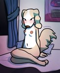 aggretsuko anthro areola bed bedroom big_areola blush borzoi breasts brown_body brown_fur canid canine canis dark_lighting digital_media_(artwork) domestic_dog eledensfw eyelashes feet female fur furniture hunting_dog inui_(aggretsuko) long_ears long_tail looking_at_viewer mammal nipples nude on_bed sanrio sighthound sitting small_breasts small_feet solo tail thick_thighs white_body white_fur