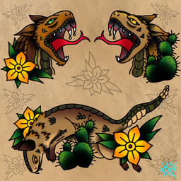 ambiguous_gender brown_body brown_scales cactus feral flower forked_tongue fur green_eyes group multicolored_body new_vegas open_mouth plant pointy_ears scales simple_background tail tan_background tan_body tan_fur tattoo tattoo_design text tongue yellow_eyes quantum fallout microsoft night_stalker_(fallout) 1:1 artist_name english_description english_text hi_res signature