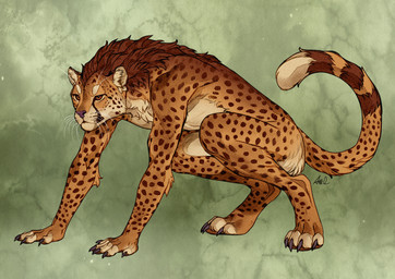 all_fours ambiguous_gender anthro arm_tuft brown_body brown_fur claws dipstick_tail elbow_tuft finger_claws fur inner_ear_fluff mane markings nude nude_anthro orange_eyes paws simple_background solo spots tail tail_markings textured_background toe_claws tuft whisker_spots whiskers ama_dench_art kesh_(pojodan) cheetah felid feline mammal 2026 digital_media_(artwork) hi_res signature female_(lore)