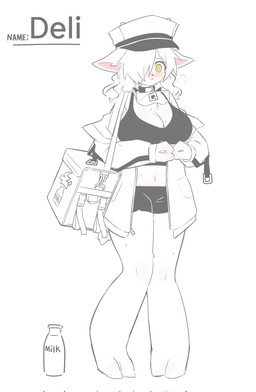 anthro bag barefoot big_breasts black_bottomwear black_bra black_clothing black_shorts black_underwear blush bodily_fluids bottle bottomwear bra breasts carrying_bag cleavage clothed clothing collar container delivery_(commerce) delivery_employee eyewear feet female fur glasses hair hair_over_eye hat headgear headwear jacket milk milk_bottle milk_container pink_inner_ear shorts solo spiral spiral_eyes sweat sweat_on_breast text topwear underwear white_body white_clothing white_fur white_hair white_jacket white_topwear yellow_eyes zam_zary deli_(zam_zary) bovid caprine goat mammal character_name hi_res