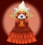 anthro black_nose brown_body brown_fur cheek_tuft chibi clothed clothing dress facial_tuft female front_view fur hat headgear headwear looking_at_viewer open_mouth open_smile orange_body orange_eyes orange_fur pupils red_clothing red_dress red_pupils smile solo standing tuft white_body white_clothing white_fur white_hat white_headwear yellow_clothing yellow_hat yellow_headwear milk-jug ailurid mammal red_panda full-length_portrait portrait