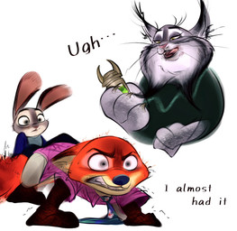 4_fingers accessory all_fours anthro bared_teeth bodily_fluids brown_body brown_fur clothed clothing collared_shirt female fingers fur grey_body grey_fur group holding_object holding_weapon long_ears looking_down male melee_weapon multicolored_body multicolored_fur narrowed_eyes necktie orange_body orange_fur protecting shirt simple_background sweat sweatdrop sweater teeth text tongue topwear trio venom_injector weapon white_background nibkman0304 disney zootopia judy_hopps nick_wilde pawbert_lynxley canada_lynx canid canine european_rabbit felid feline fox lagomorph leporid lynx mammal oryctolagus rabbit red_fox true_fox english_text hi_res