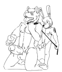 anthro balls big_penis bodily_fluids collar dominant dominant_male duo erection foreskin genital_fluids genitals holding_leash holding_object humanoid_genitalia humanoid_penis interspecies kneeling larger_sub leaking leash leash_pull male male/male partially_retracted_foreskin penis precum predator/prey retracted_foreskin simple_background size_difference submissive submissive_male tattoo thick_penis tongue tongue_out vein white_background fvorte coal_(coal) fvorte_(character) canid canine canis lagomorph leporid mammal rabbit wolf monochrome