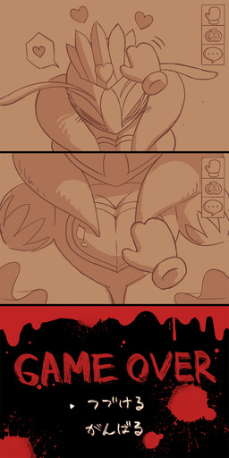 3_panel_comic ambiguous_gender antennae_(anatomy) anthro armless arthropod_abdomen blood blush blush_lines bodily_fluids breast_grab breasts cleavage clothed clothed_anthro clothed_female clothing crown dating_sim death dialogue_box disembodied_hand duo eyelashes female first_person_view floating_hands game_over gameplay_mechanics gloves hand_on_breast handwear headgear headpat heart_symbol looking_at_viewer maxim_tomato mostly_offscreen_character mouthless narrowed_eyes text 5health instant_loss_2koma kirby:_triple_deluxe kirby_(series) nintendo queen_sectonia taranza arthropod hymenopteran insect wasp 1:2 2020 comic digital_drawing_(artwork) digital_media_(artwork) english_description english_text hi_res japanese_description japanese_text sketch translated