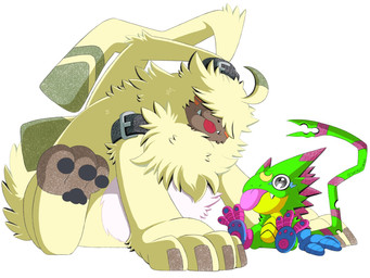 anthro belt blep duo green_body hair hair_over_eyes male markings pawpads sitting size_difference smile striped_markings striped_tail stripes tail tail_markings tongue tongue_out portugueselynx bandai_namco digimon digimon_beatbreak digimon_ghost_game angoramon digimon_(species) gekkomon scalie 4:3 hi_res