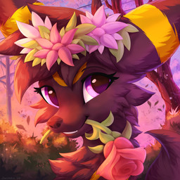 accessory brown_body brown_fur cloud female feral flower flower_in_hair flower_in_mouth fluffy fur fur_markings hair hair_accessory markings plant power_lines purple_eyes rose_(flower) solo tree yellow_body yellow_fur joeumbre nintendo pokemon rita_(joeumbre) canid canine eeveelution eevelution generation_2_pokemon mammal pokemon_(species) umbreon 1:1 hi_res portrait