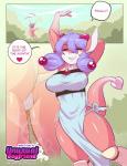 2017 anthro big_breasts blush breasts camel_toe clothed clothing comic dialogue digital_media_(artwork) dragon dress english_text female hair heart_symbol hi_res luckypan miha mythological_creature mythological_scalie mythology non-mammal_breasts purple_hair raised_arm scalie shaded side_slit side_slit_clothing side_slit_dress smile tail text thick_thighs