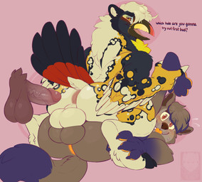 anthro anus backsack balls balls_touching beak brown_body brown_fur disembodied_penis fur genitals group humanoid_genitalia humanoid_penis imminent_anal looking_at_viewer looking_back male male/male open_mouth penis pink_background purple_body purple_fur simple_background sitting_on_another thick_thighs tongue tongue_out trio yellow_body yellow_fur sinisterheaven mythology avian bird canid canine canis gryphon mammal mythological_avian mythological_creature toucan wolf hi_res