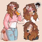 accessory anthro beverage blep bodily_fluids bottomwear brown_hair clothed clothing container crop_top cup denim denim_bottomwear denim_clothing drinking drinking_straw eyes_closed eyewear female floppy_ears flower flower_in_hair fluffy fluffy_tail freckled_face freckles fully_clothed fur glasses hair hair_accessory happy heart_symbol holding_container holding_cup holding_object jeans pants pink_clothing plant rectangular_glasses shirt simple_background smile solo sweat tail tongue tongue_out topwear torn_bottomwear torn_clothing torn_jeans torn_pants yellow_eyes dogzound jasmine_(jaegertheaussie) canid canine canis domestic_dog mammal 1:1 digital_media_(artwork) hi_res