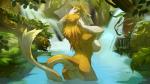 16:9 2017 alexis_(alekronov) anthro arms_bent bathing breasts butt claws countershading detailed_background female forest fur green_eyes grin hair hi_res legs_in_water lingrimm long_hair looking_at_viewer looking_back multicolored_body multicolored_fur nature nude outside partially_submerged plant raised_arms rear_view sergal side_boob smile solo submerged_legs submerged_tail tail tail_in_water tail_out_of_water tan_body tan_fur tree two_tone_body two_tone_fur water waterfall wet white_body white_countershading white_fur widescreen yellow_body yellow_fur