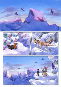 ambiguous_gender anthro biped black_body black_fur black_tail clothed clothing cloud day feral flower fur grey_body hat headgear headwear holding_object mountain outside plant proboscis_(anatomy) quadruped snow tail trunk_(anatomy) bjekkergauken imbali_(bjekkergauken) isilo_(bjekkergauken) avian bird elephant elephantid felid feline mammal proboscidean unknown_species 2026 colored comic hi_res