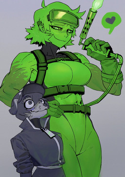 alternate_species anthro big_breasts bodily_fluids breasts clothing duo female furrification hat headgear headwear muscular muscular_female muscular_humanoid sweat hongbo90584327 awaria nikita_naprava ula_usterka canid canine canis domestic_dog ghost humanoid mammal spirit hi_res
