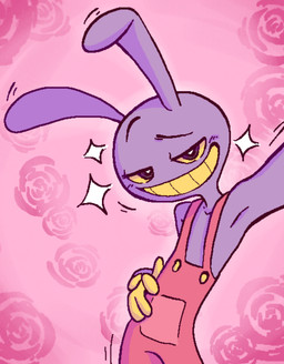 4_fingers anthro blush clothing fingers flower half-closed_eyes hand_on_hip looking_at_viewer male motion_lines narrowed_eyes overalls plant rose_(flower) simple_background smile smiling_at_viewer smug_grin solo sparkles blueespresso69 glitch_productions the_amazing_digital_circus jax_(tadc) lagomorph leporid mammal rabbit hi_res