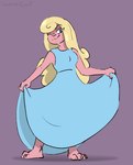 anthro blonde_hair blue_clothing blue_dress blue_eyes clothing dress female fur hair one_eye_closed pink_body pink_fur plantigrade solo standing wink lavenderscent melody_(tabuley) lagomorph leporid mammal rabbit