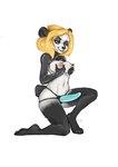 2024 4_toes 5_fingers absurd_res anthro bear biped blonde_hair blue_eyes breasts clothing feet female fingers giant_panda hair hi_res holding_breast jalka kneeling latex latex_clothing latex_legwear latex_shrug_(clothing) latex_thigh_highs latex_topwear legwear looking_at_viewer mammal medium_breasts mostly_nude_anthro mostly_nude_female navel nipples on_one_knee shrug_(clothing) signature simple_background solo strapon sweltering tail thigh_highs toes tongue topwear white_background