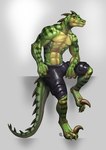 anthro bottomwear claws clothing male muscular paws shorts solo strips toe_claws conditional_dnp inert-ren dinosaur dromaeosaurid lizard prehistoric_species reptile scalie theropod