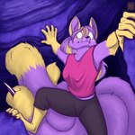 5_tails action_pose anthro black_nose breasts climbing clothed clothing dipstick_tail female fur gloves_(marking) leg_markings looking_back markings multi_tail pose purple_body purple_fur shirt socks_(marking) solo stinger tail tail_markings tank_top topwear foxenawolf kaari canid canine dreamspinner fox mammal 1:1