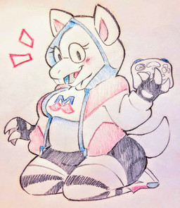 anthro blush bottomwear breasts buckteeth claws clothed clothing controller eyewear fake_cat_ears fake_ears female fingerless_gloves footwear front_view fully_clothed game_controller gamecube_controller glasses gloves handwear hoodie kneeling legwear looking_at_viewer nintendo_controller non-mammal_breasts open_mouth open_smile shirt shoes shorts simple_background smile solo sweatshirt tail teeth text thick_tail thigh_highs three-quarter_view tongue topwear skelly_fren gamecube nintendo undertale_(series) alphys lizard reptile scalie english_text spot_color