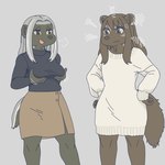 annoyed anthro breast_envy breast_size_difference breast_squish breasts clothed clothing cross-popping_vein duo female fondling kemono self_fondle squish ekaki510 badger gulonine honey_badger mammal mustelid musteline wolverine 1:1