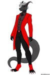 anthro belt black_bottomwear black_clothing black_eyes black_fangs black_pants boots bottomwear claws clothing collared_shirt fangs footwear formalwear grey_body grey_hair hair horn jacket male pants pupils red_clothing red_jacket red_topwear scales shoes simple_background slit_pupils smile solo standing teeth text topwear white_background white_eyes chalkdoesart demon reptile scalie 2024 2:3 digital_media_(artwork) english_text shaded