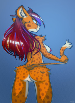 anthro areola black_nose breasts female fur genitals hair markings nipples red_hair smile solo spots spotted_body spotted_fur vulva ratcha felid feline mammal 2019 absurd_res digital_media_(artwork) hi_res