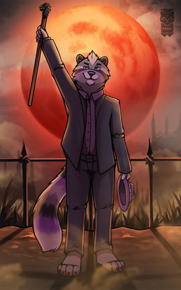 4_toes anthro belt black_body black_fur cane cheek_tuft chin_tuft claws clothed clothed_male clothing collared_shirt detailed_background dress_shirt facial_tuft fedora feet fence fully_clothed fully_clothed_male fur green_eyes grey_body grey_fur hair hat headgear headwear holding_cane holding_clothing holding_hat holding_headgear holding_headwear holding_object looking_at_viewer male markings moon night outside purple_body purple_fedora purple_fur shirt short_hair sky solo striped_markings striped_tail stripes suit suit_jacket suit_pants tail tail_markings text toes topwear tuft white_body white_fur white_hair d3mo vans_(heshkan) ailurid mammal red_panda 2017 5:8 artist_name dated hi_res