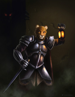anthro armor blue_eyes brown_nose clothed clothing duo front_view fur glistening glistening_eyes holding_lantern holding_melee_weapon holding_object holding_sword holding_weapon male male_anthro melee_weapon orange_body orange_fur solo_focus standing sword weapon whiskers white_body white_fur satanic_monkey felid lion mammal pantherine hi_res