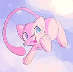 ambiguous_gender blue_eyes cheek_tuft facial_tuft fur pink_arms pink_body pink_fur pink_head pink_paws pink_tail pink_thighs sky solo tail teeth tuft lynasdf nintendo pokemon generation_1_pokemon legendary_pokemon mew_(pokemon) pokemon_(species) digital_media_(artwork)