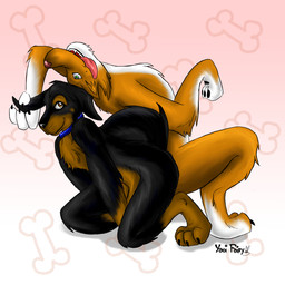 anthro black_body black_claws black_fur black_pawpads brown_body brown_eyes brown_fur claws closed_smile crouching duo floppy_ears fur glistening glistening_eyes green_eyes kneeling male mouth_closed nude open_mouth orange_body orange_fur pattern_background pawpads pink_tongue simple_background smile tongue tongue_out white_body white_fur yaoifairy canid mammal 1:1 hi_res signature