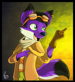 anthro black_body black_border black_fur black_hair black_nose border bottomwear cheek_tuft clothed clothing eyewear eyewear_on_head facial_tuft fur glistening glistening_eyes goggles goggles_on_head green_bottomwear green_clothing green_eyes green_pants hair kerchief male neckerchief neckwear open_clothing open_mouth open_smile open_topwear pants purple_body purple_fur short_hair simple_background smile solo topwear tuft white_body white_fur yellow_clothing yellow_topwear young young_anthro young_male pandapaco canid canine fox mammal
