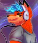 anthro black_nose clothed clothing electronics fur hair headphones male simple_background smile solo kinoxic freshstaticfox canid canine fox mammal 2018 digital_media_(artwork)