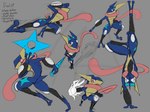 anthro blue_body eyes_closed half-closed_eyes handstand kick long_tongue looking_at_viewer male narrowed_eyes on_one_hand pink_eyes pink_tongue solo text tongue weapon lewdaesthetics nintendo pokemon duel_(lewdaesthetics) amphibian generation_6_pokemon greninja pokemon_(species) english_text hi_res