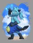 5_fingers anthro beach biped blue_body blue_fur cloud fingers fur looking_at_viewer male sea seaside sky smile solo standing tail water haychel nintendo pokemon reed_(dreeda) ambient_bird avian bird dewott generation_5_pokemon pokemon_(species) 2023 absurd_res hi_res signature