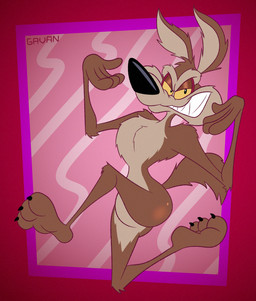 3_toes 4_fingers abstract_background anthro arched_back arched_foot arched_soles arm_tuft athletic athletic_anthro athletic_male back_tuft belly bent_legs big_butt biped black_eyes black_nose black_toe_claws brown_body brown_fur bubble_butt butt butt_from_the_front butt_markings chest_tuft claws clenched_teeth curling_tail curling_toes curvy_figure devious_grin elbow_tuft eyebrows fangs feet fingers fluffy fluffy_chest fluffy_tail foot_focus fur glance glistening glistening_butt grin grinning_at_viewer half-closed_eyes head_tuft humanoid_feet humanoid_hands humanoid_heel knee_tuft leg_tuft looking_at_viewer male markings mischievous mischievous_smile multicolored_body multicolored_fur narrowed_eyes nude open_mouth open_smile paws pecs plantigrade pose puffed_out_chest ribs running sharp_teeth shoulder_tuft skinny skinny_anthro skinny_male slim slim_anthro slim_male small_waist smile smiling_at_viewer smirk smirking_at_viewer smug smug_expression smug_eyes smug_face smug_grin soles solo tail tan_belly tan_body tan_eyebrows tan_fur teeth toe_claws toes toony toothy_grin tuft two_tone_body two_tone_fur wasp_waist wide_hips yellow_sclera gavanzude looney_tunes warner_brothers wile_e._coyote canid canine canis coyote mammal 2026 alternate_version_at_paywall colored digital_drawing_(artwork) digital_media_(artwork) flat_colors hi_res pinup signature