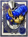 blue_hair border clothing eyeshadow female hair half-closed_eyes hat headgear headwear looking_at_viewer makeup moon narrowed_eyes ornate_border portrait_(object) smile solo sun top_hat yellow_eyes harwick friendship_is_magic hasbro my_little_pony sapphire_shores_(mlp) earth_pony equid equine horse mammal pony 2013 bust_portrait portrait