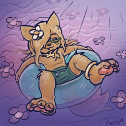 anklet anthro big_feet big_tail bodily_fluids bottomwear claws clothed clothing collar eyewear feet flower fluffy fluffy_tail foot_focus glasses hair_in_water humanoid_feet jewelry lazy male partially_clothed pawpads paws plant plantigrade pool_float shorts shorts_only simple_background solo sunbathing sweat swimming_pool tail teeth toes topless tuft water wearing_glasses marpystar marpy_(marpystar) canid canine canis domestic_dog mammal 1:1 hi_res