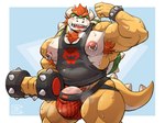 2023 anthro areola armpit_hair barazoku beard biceps big_bulge big_muscles big_penis blue_background bodily_fluids body_hair border bowser bracelet breath bulge chest_hair clothed clothing detailed_bulge dumbbell exercise eyebrows facial_hair flexing genitals grey_border h155296 hair horn huge_muscles humanoid_genitalia humanoid_penis jewelry jockstrap kemono koopa logo looking_at_viewer male manly mario_bros muscular muscular_anthro muscular_male musk nintendo nipple_piercing nipple_ring nipples non-mammal_nipples obliques open_mouth open_smile pecs penis penis_base piercing pubes quads ring_piercing scalie serratus shell shirt signature simple_background smile solo spiked_bracelet spiked_shell spiked_tail spikes spikes_(anatomy) standing sweat tail tank_top teeth thick_arms thick_thighs tongue topwear underwear vein weightlifting weights workout