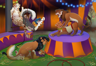 ambiguous_penetration anal anal_penetration animal_genitalia animal_penis anus ass_up balls bodily_fluids circus clown_costume cum cum_from_ass cum_in_ass cum_inside cum_pool cum_string ejaculation erection eye_scar eyes_closed facial_scar female female_penetrated feral feral_on_feral feral_penetrated feral_penetrating feral_penetrating_feral from_behind_position fur genital_fluids genitals group group_sex hair holding_object inside lying male male/female male/male male_penetrated male_penetrating male_penetrating_female male_penetrating_male on_back open_mouth orgasm orgasm_face orgy pawpads paws penetration penile penile_penetration penis scar sex smile spread_legs spreading tail teeth tongue tongue_out trapeze caraluca felid feline lion lynx mammal pantherine snow_leopard tiger absurd_res digital_media_(artwork) hi_res