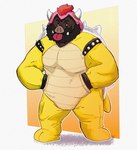 anthro biped black_body clothing costume male onesie simple_background slightly_chubby solo tongue tongue_out 06junior11 mario_bros nintendo bowser mammal suid suina sus_(pig) wild_boar 2023 hi_res