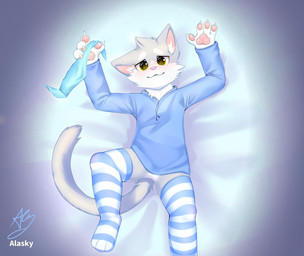 :3 anthro bed biped blue_clothing blue_hoodie blue_leg_warmers blue_legwear blue_thigh_highs blue_topwear blush blush_lines clothing femboy fur furniture grey_body grey_fur hoodie kemono leg_warmers legwear looking_at_viewer male on_bed shota slim_anthro slim_male solo thigh_highs topwear young young_anthro young_male fur_alasky domestic_cat felid feline felis mammal 2021 hi_res