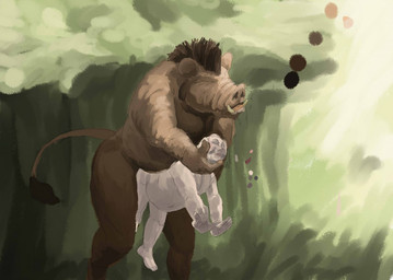 anal anal_penetration anthro anthro_raping_human belly brown_body brown_fur brown_skin day detailed_background dominant dominant_anthro duo eyes_closed feet forced forced_anal forest forest_background fur green_background human_on_anthro interspecies larger_dom light male male/male mohawk nature nature_background nude_anthro nude_human nude_male outside outside_sex overweight pale_skin penetration plant rape reaching_out sex simple_background size_difference submissive submissive_human sunlight tail tail_tuft tree tuft tusks jeri_kleinlowe human mammal suid suine sus_(pig) wild_boar 2011 colored